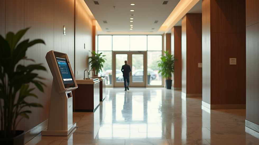 High angle view of hotel lobby with digital check-in kiosk
