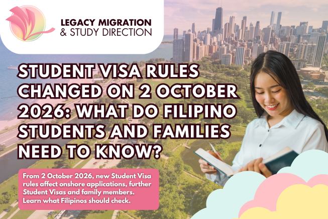 Filipino student holding books in front of an Australian cityscape, representing new Student Visa rules from 2 October 2026.