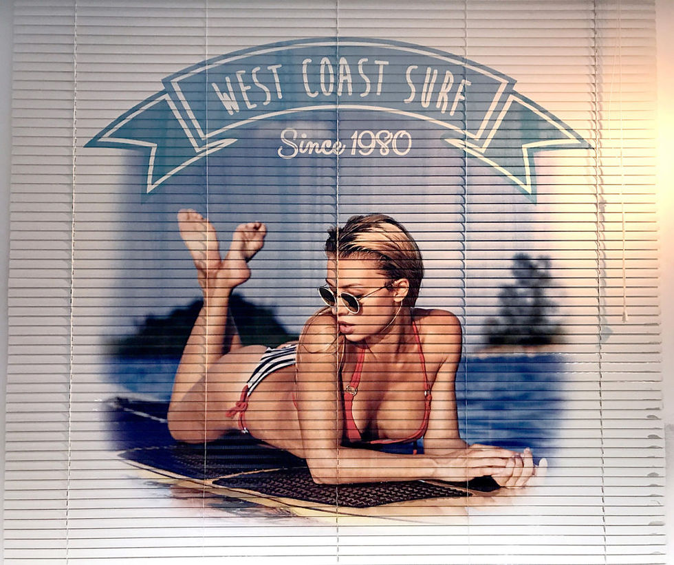 Bikini girl mural printed on a set of blinds to display the different ways you can incorporate the technology