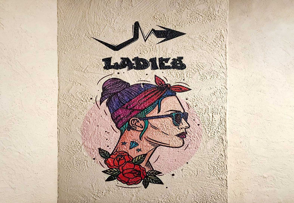 Ladies room mural printed on a plaster wall to showcase just how well the printer can print on different surfaces.