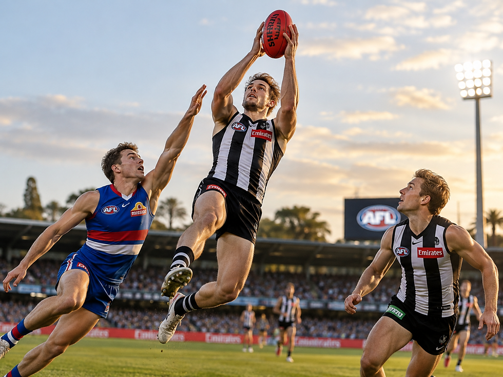 Australian Rules football players contesting the ball during an AFL-style match