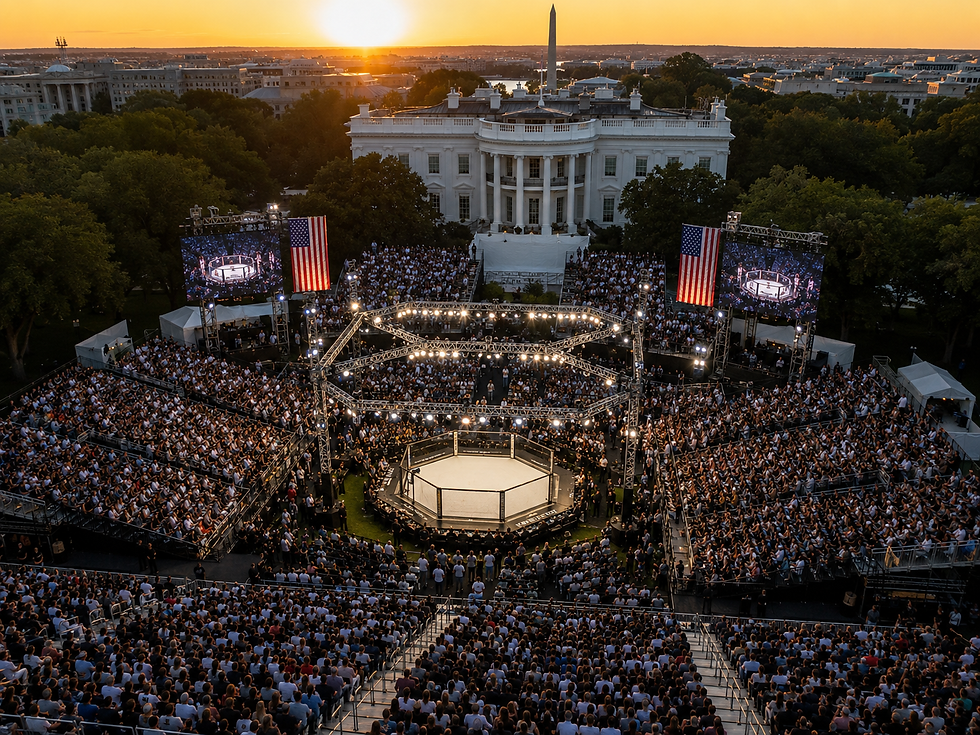 Drone view of the 2026 White House UFC event featuring a packed outdoor arena, octagonal cage, and thousands of fans, showcasing one of the biggest combat sports events of 2026.