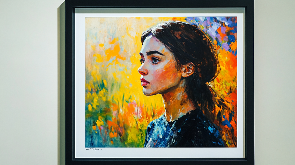 Miniatura: Retrato de mujer pintado, con colores vibrantes, obra de arte con marco metalizado.