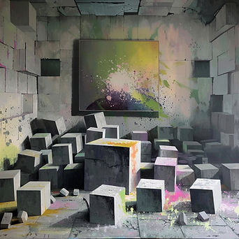 Cuadrados grises en una habitación con arte abstracto.