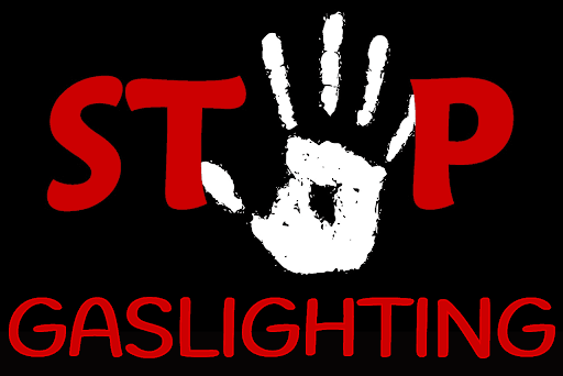 stop gaslighting in the image and a hand hand print instead of O with black background.