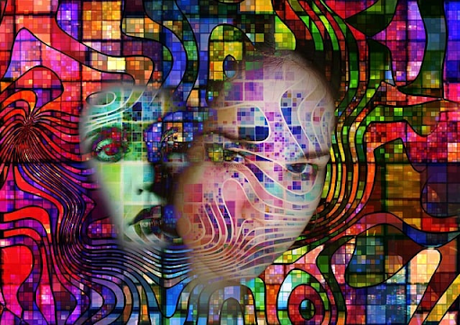 Two faces in between a frame of diverse graphic colours