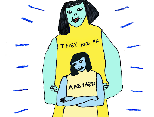 A larger person written in between written "They" are ok and a smaller person standing in front with writing s on the " are they"