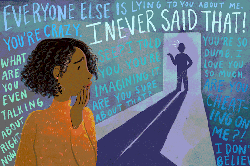 A girl worried looking back at a person standing at a door and texts in the back ground denoting gaslighting.