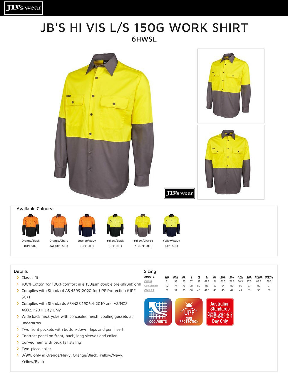 Thumbnail: JB'S 6HWSL Men's Hi Vis L/Sleeve 150G Work Shirt