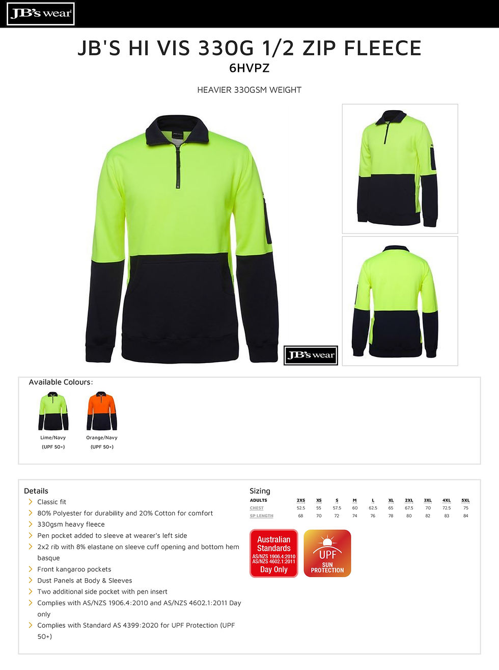 Thumbnail: JB's 6HVPZ Men's Hi Vis 330G 1/2 Zip Fleece