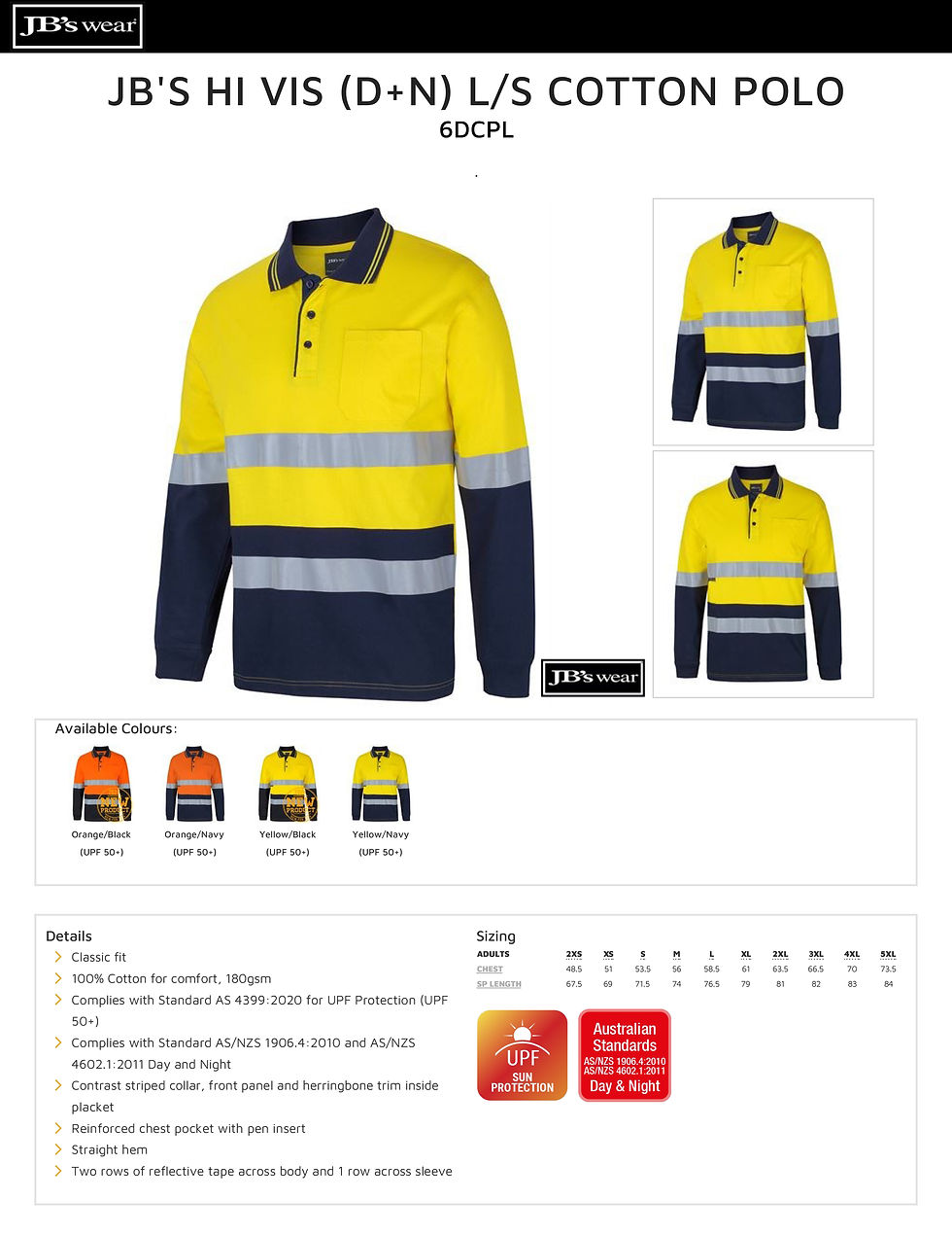 Thumbnail: Men's 6DCPL Hi-Vis (D+N) L/Sleeve Cotton Polo