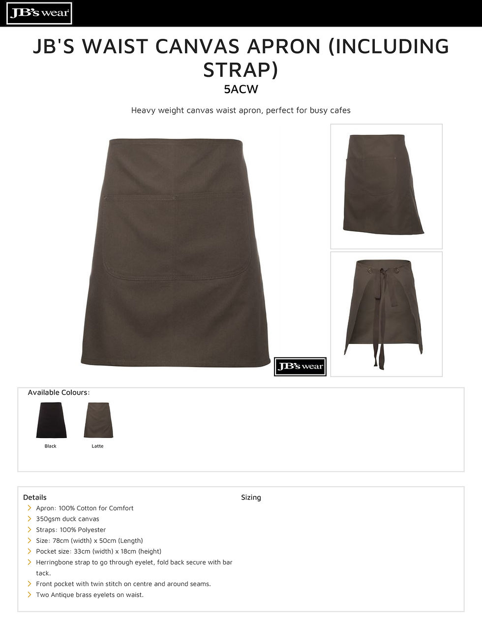 Thumbnail: JB's 5ACW 78x50 Waist Canvas Apron Including Strap