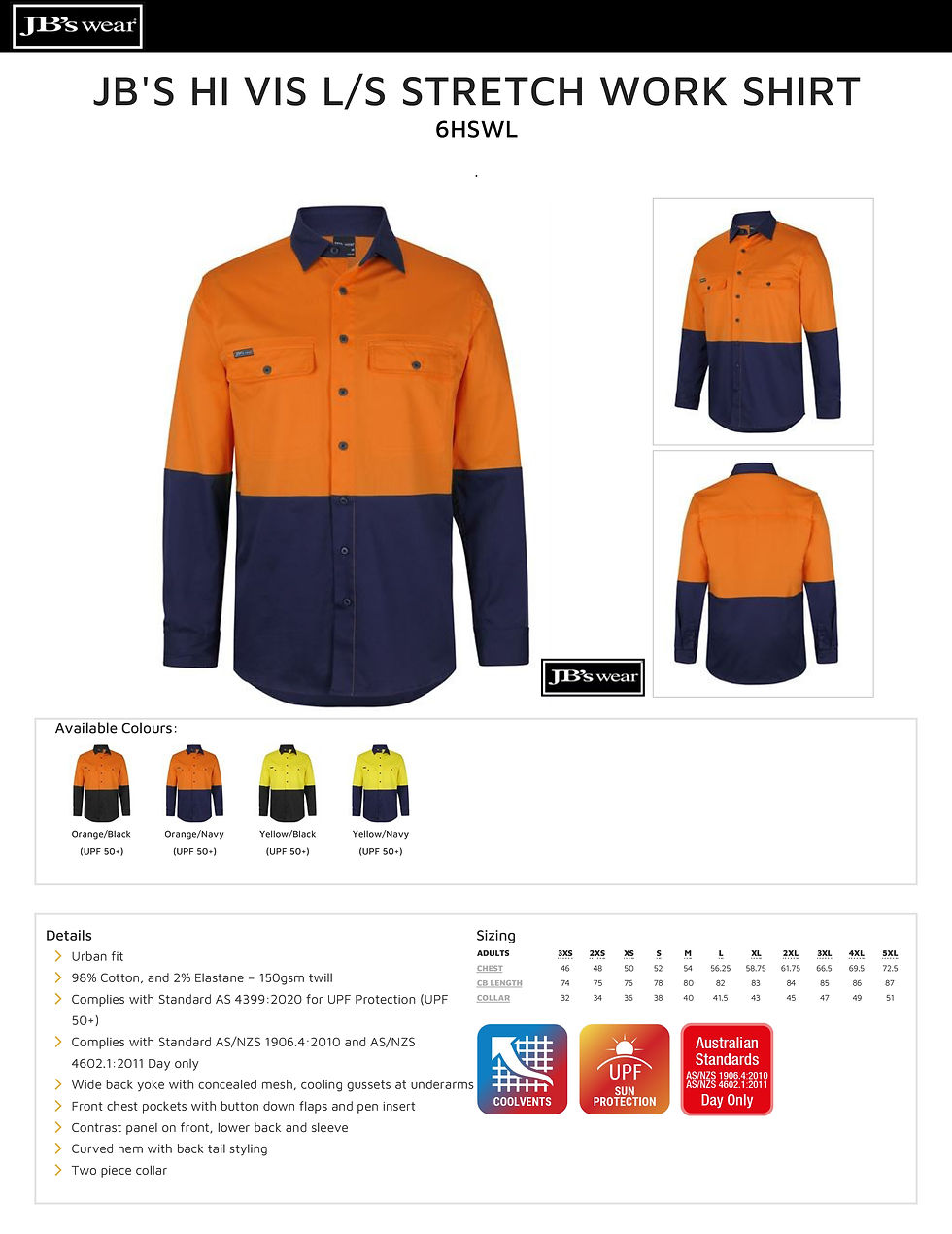 Thumbnail: JB's 6HSWL Men's Hi Vis L/Sleeve Stretch Work Shirt