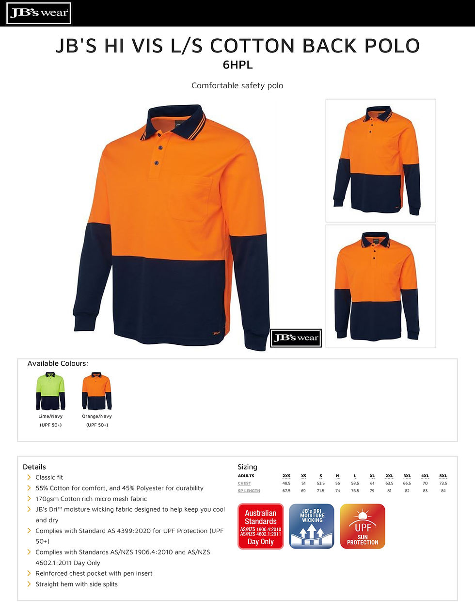 Thumbnail: Men's 6HPL Hi-Vis L/Sleeve Cotton-Back Polo