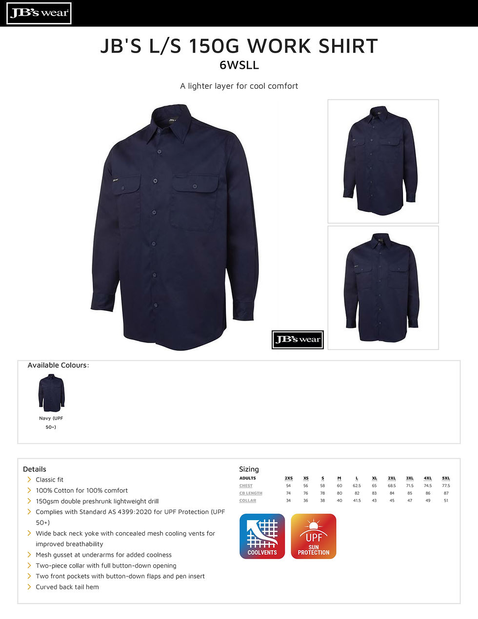 Thumbnail: JB'S 6WSLL Men's L/Sleeve 150G Work Shirt