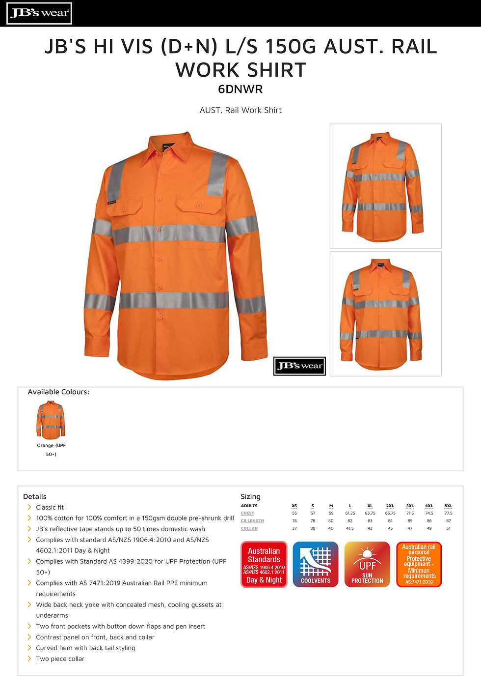 Thumbnail: JB's 6DNWR Hi-Vis (D+N) L/Sleeve 150g Aust Rail Work Shirt