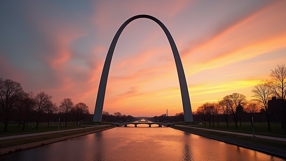 Wide angle view of the St. Louis Gateway Arch at sunset