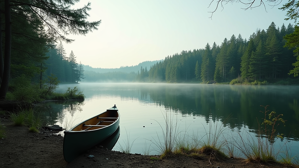 Wide angle view of a serene lake surrounded by forest with a canoe on the shore