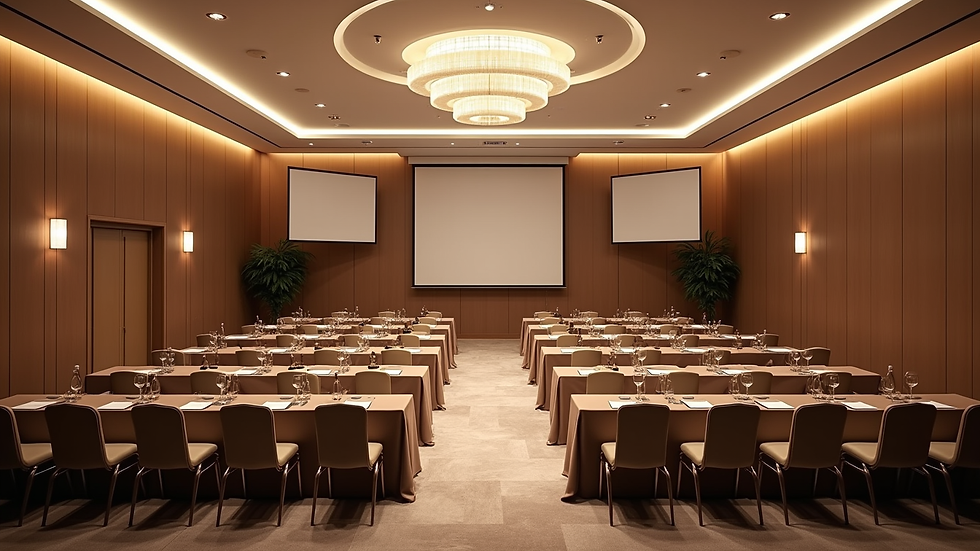 High angle view of a conference room set up for a corporate incentive event