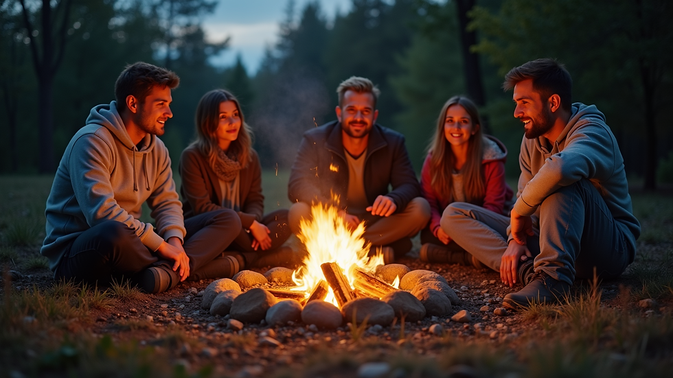 Eye-level view of a family gathered around a campfire sharing stories