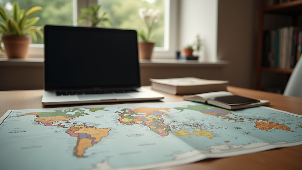 Wide angle view of a cozy office space with travel maps and a laptop