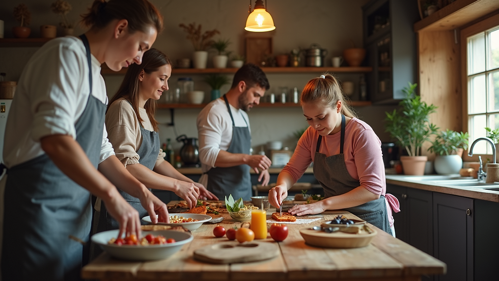 Wide angle view of a family cooking class in a rustic kitchen