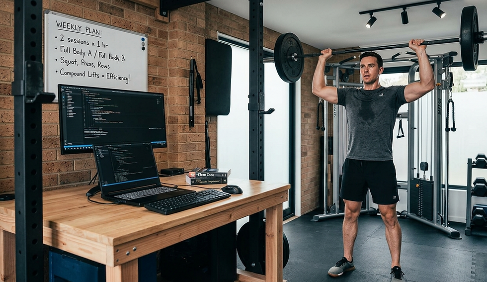 software engineer workout routine lifting weights in a home gym. Desk with computer screens, keyboard, and books. Whiteboard with workout plan in the background. All designed by Alex Powerbuilding - online fitness coach, personal trainer and nutritionist