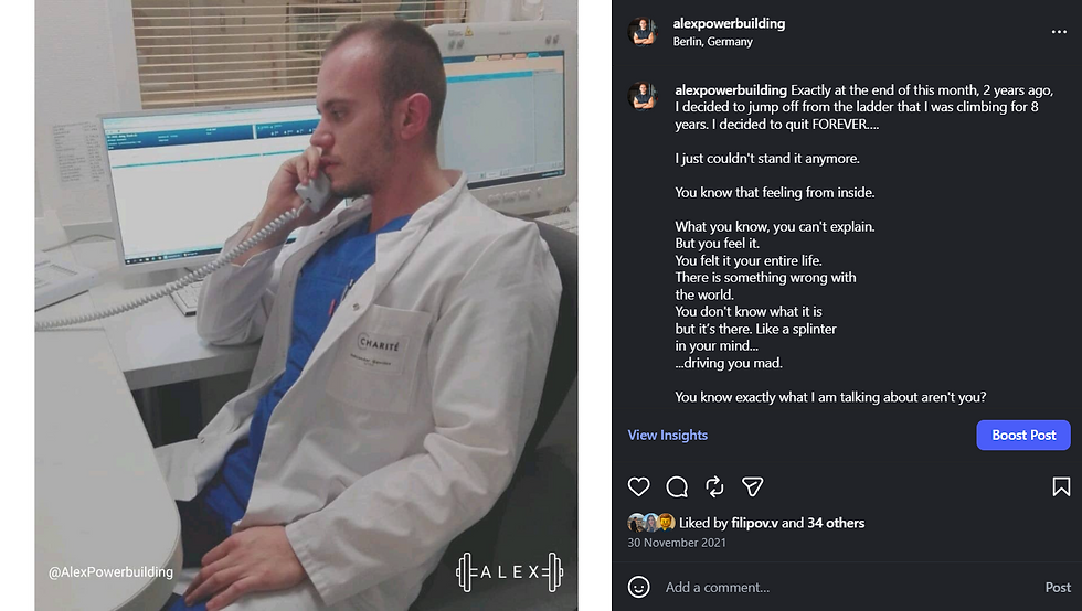 Alex Powerbuilding Online Fitness Coach, personal trainer and nutritionist in a white coat, seated at a computer desk, speaks on a corded phone. The setting is an office, with a monitor showing data.
