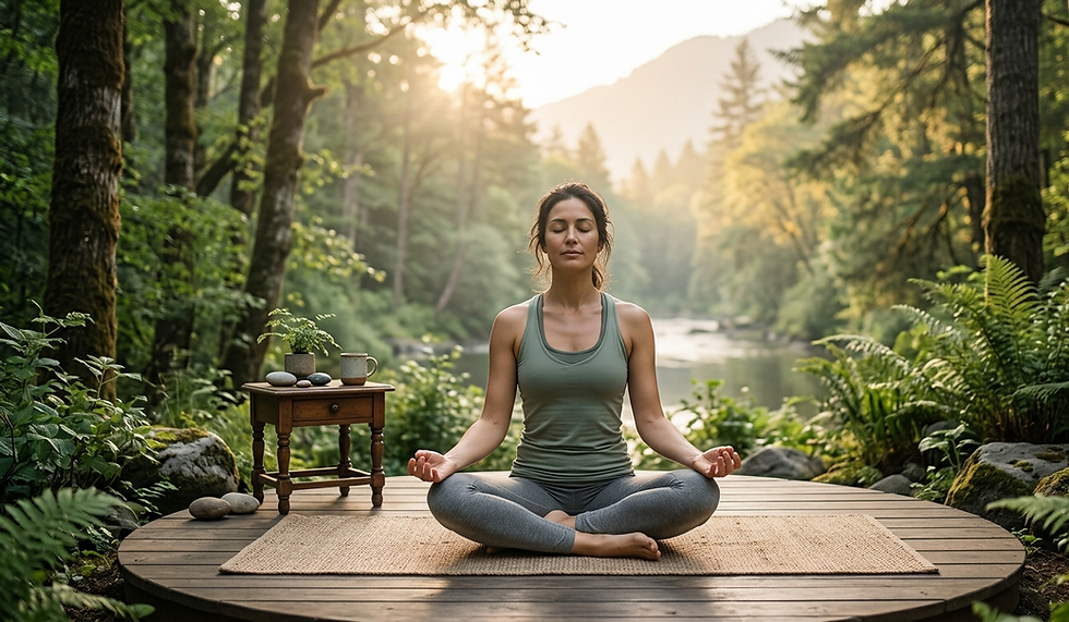 Woman meditating cross-legged on a wooden deck by a forest river at sunrise, with a small table and warm, serene light.
