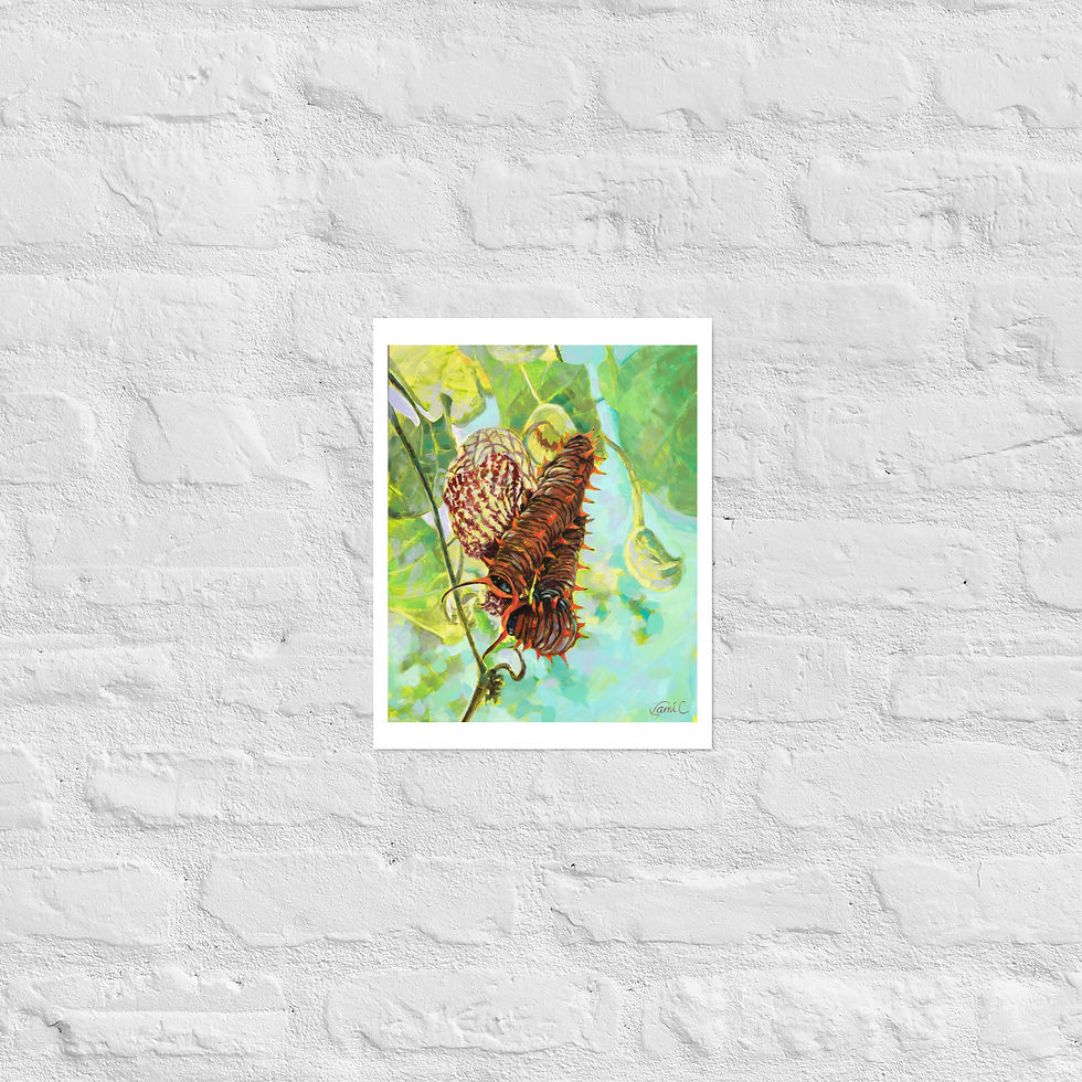Painting of spiky brown insect on green leaves