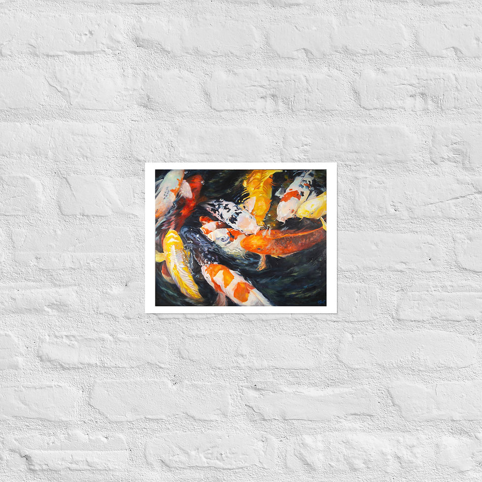 Framed paper reproduction of colorful koi fish swimming