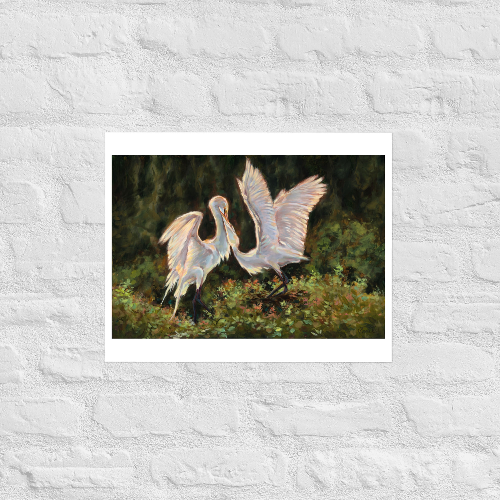Two white birds with wings spread in a green coastal landscape