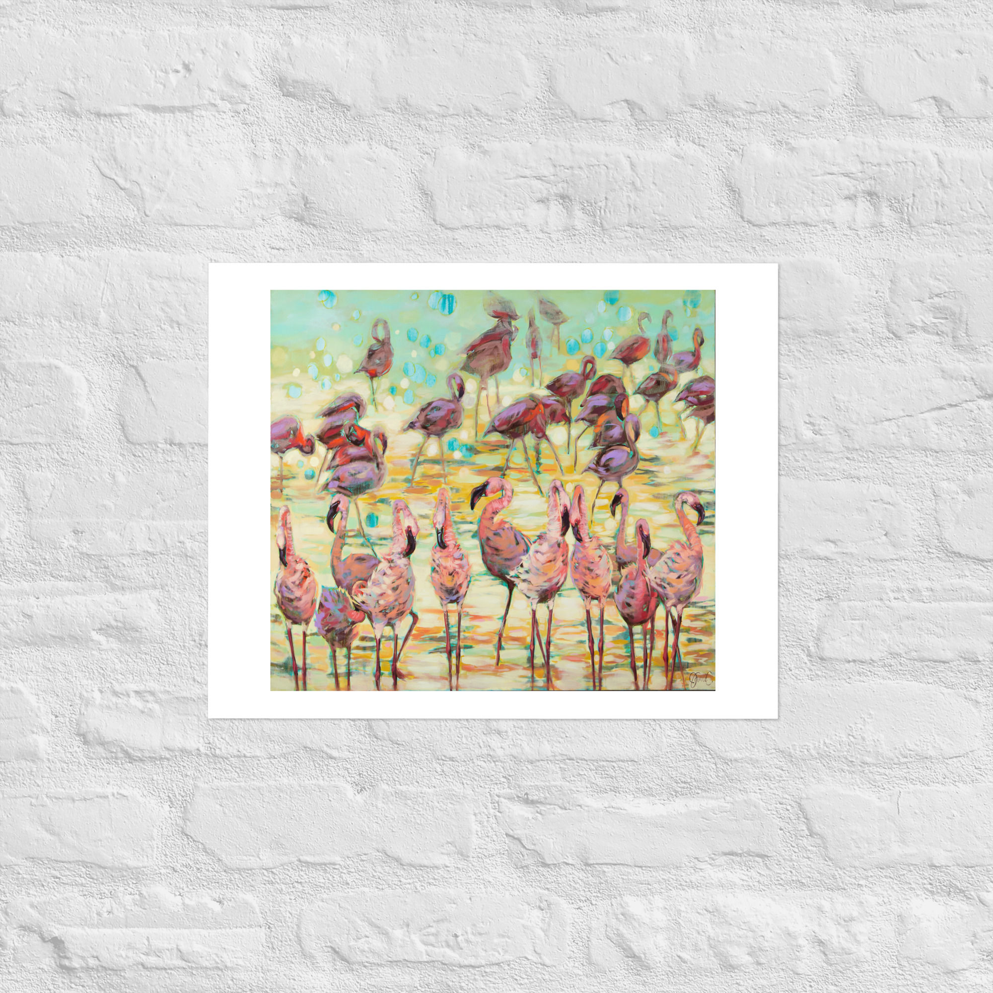 Awaiting the Light artwork: pink flamingos in water