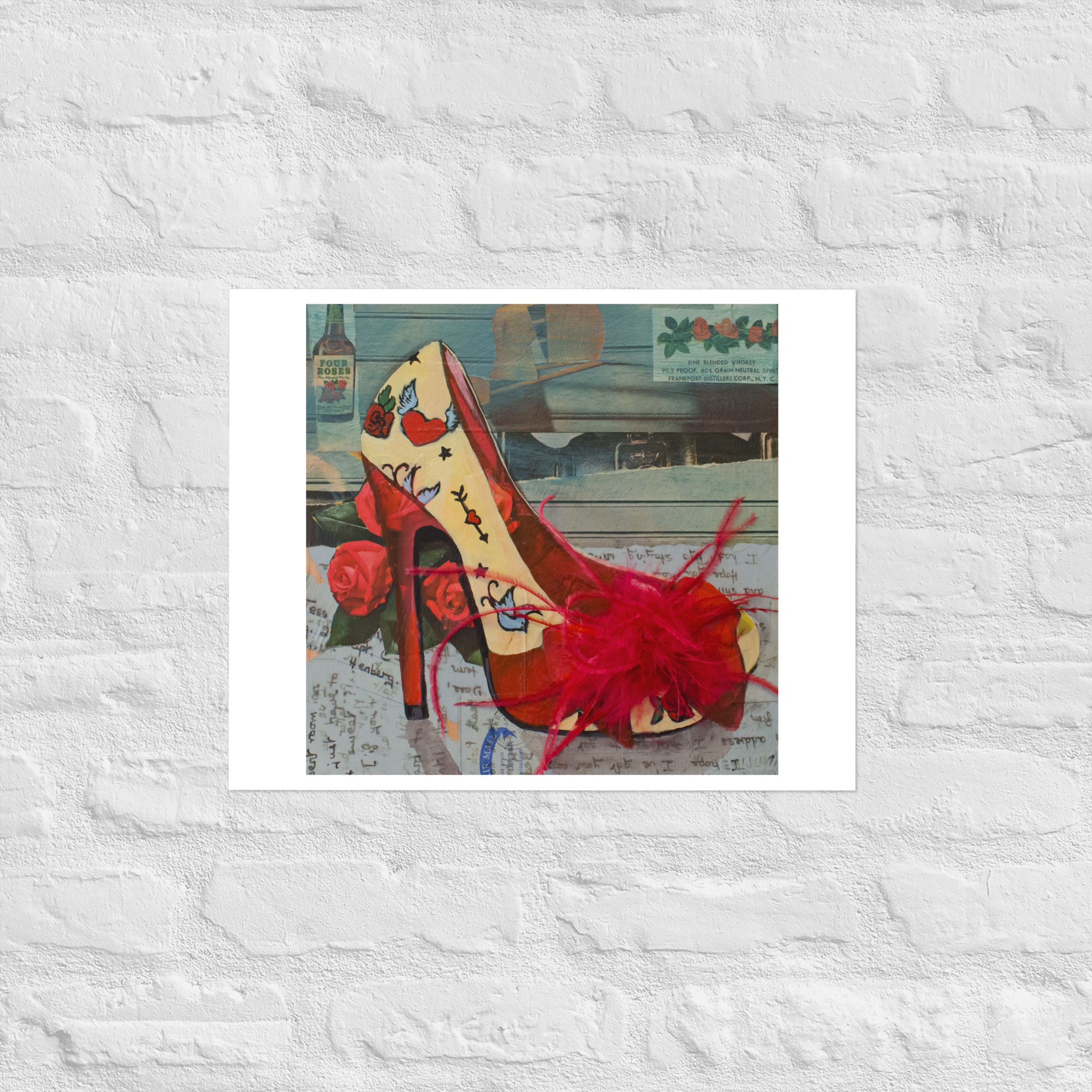 Stella canvas reproduction of a red high heel shoe with roses.