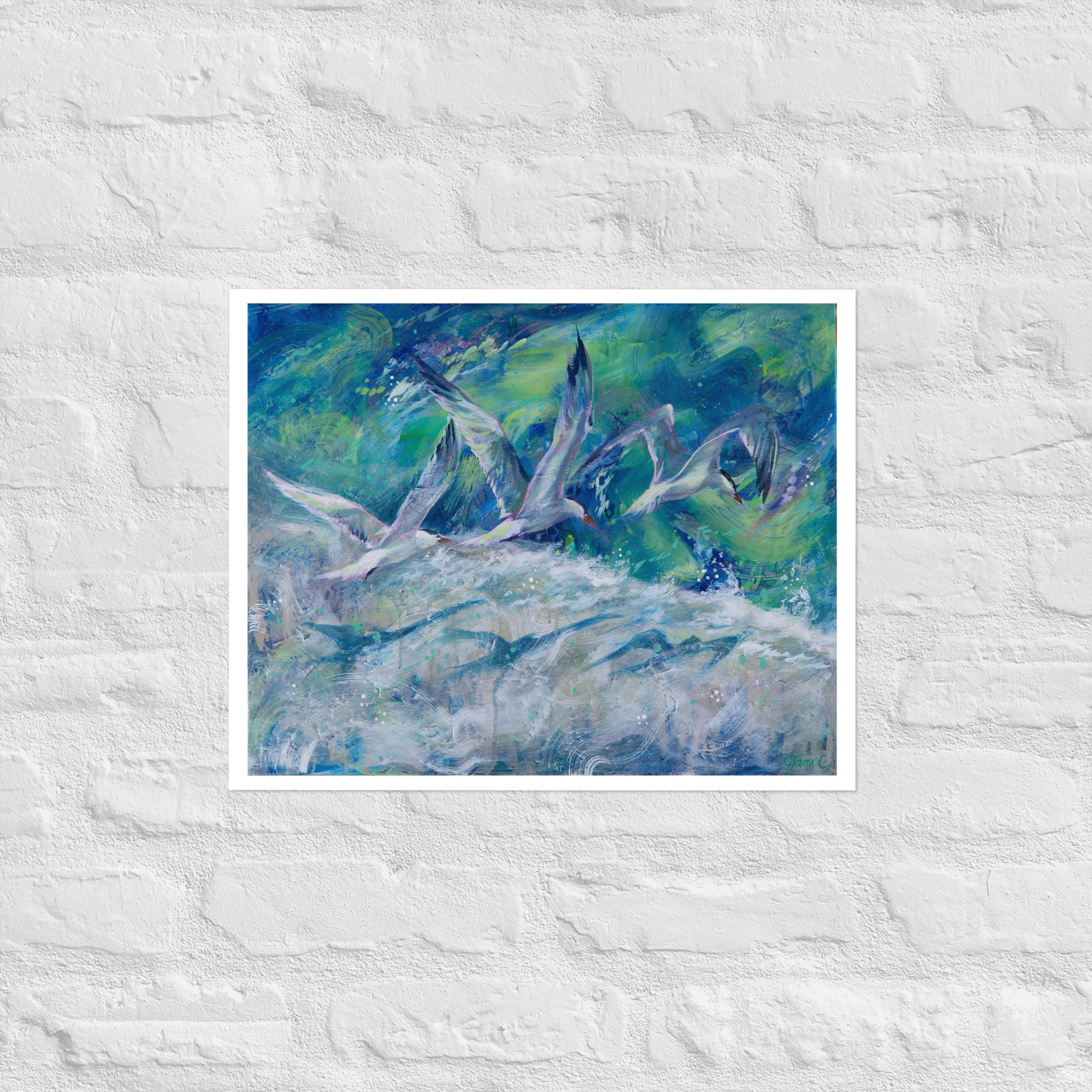 Abstract painting 'Awaiting the Light' with blue and green hues