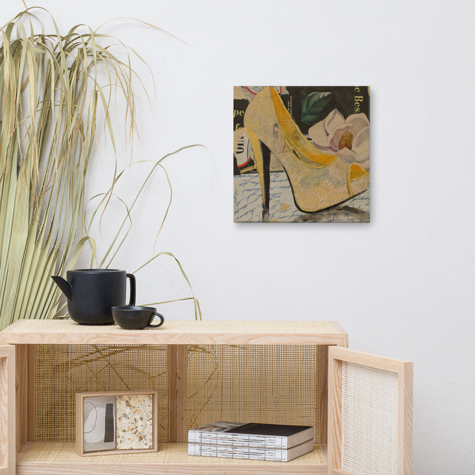 Audrey canvas reproduction of a high heel shoe on a wall