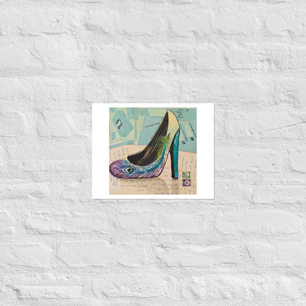Audrey canvas reproduction featuring a colorful high heel shoe art print on a white brick wall.