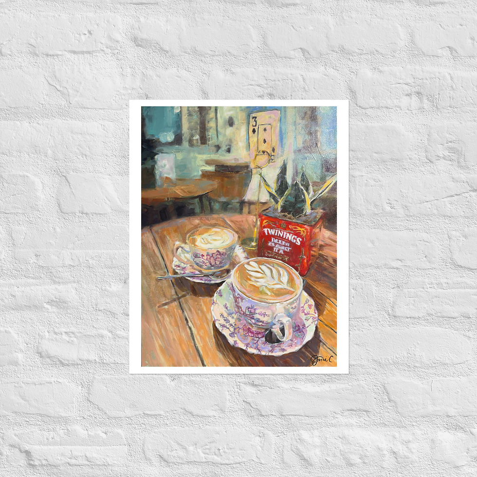 Two ornate coffee cups with latte art, Petit Bloom canvas.