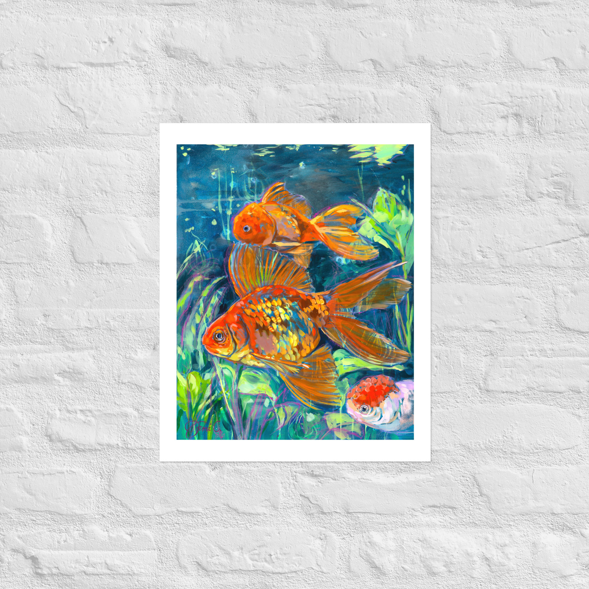 A mock-up photo for a paper reproduction of "Three Finned Friends" - an acrylic painting of three goldfish swimming underwater by Jami Childers available for purchase.