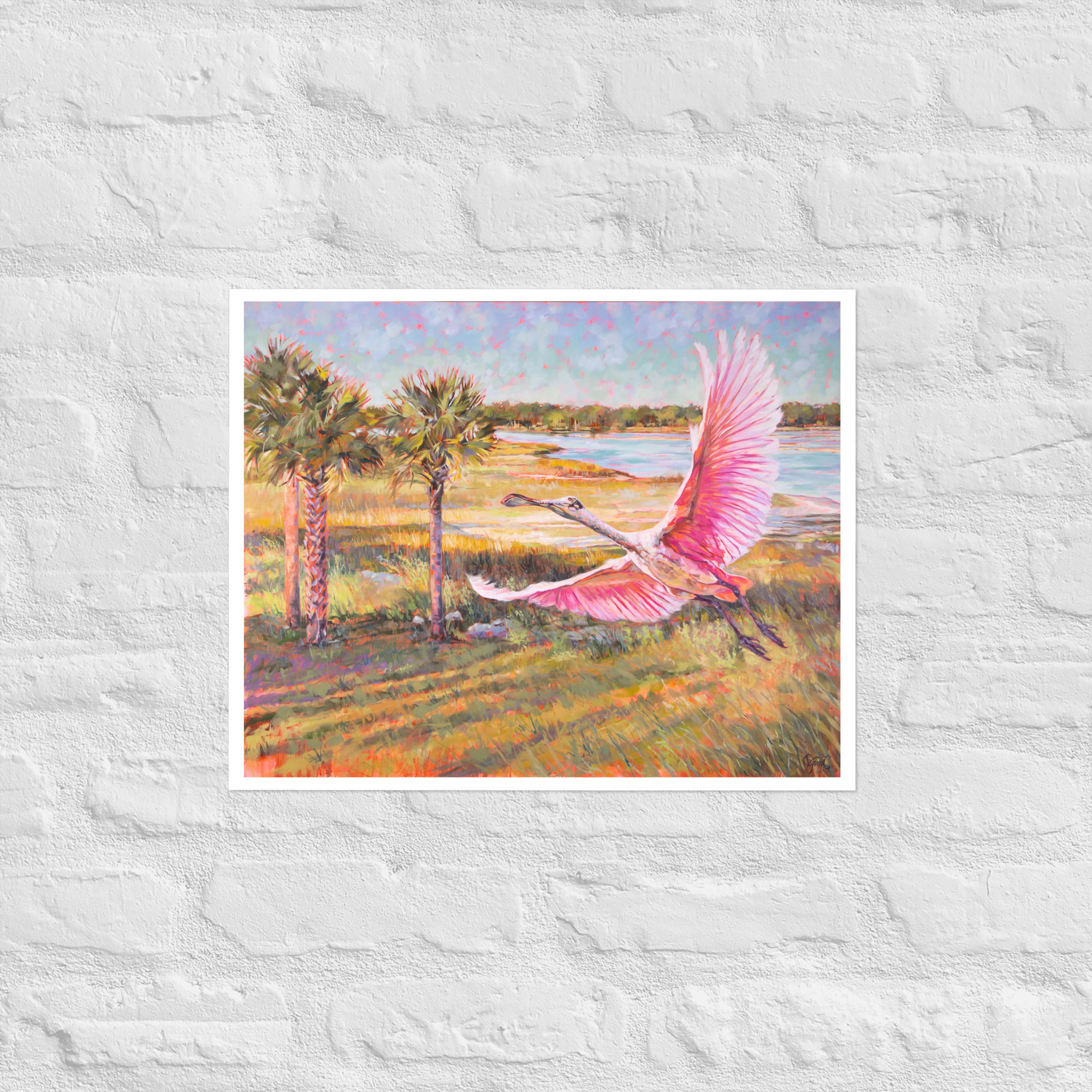 Coastal Symphony: pink bird in flight over coastal marsh