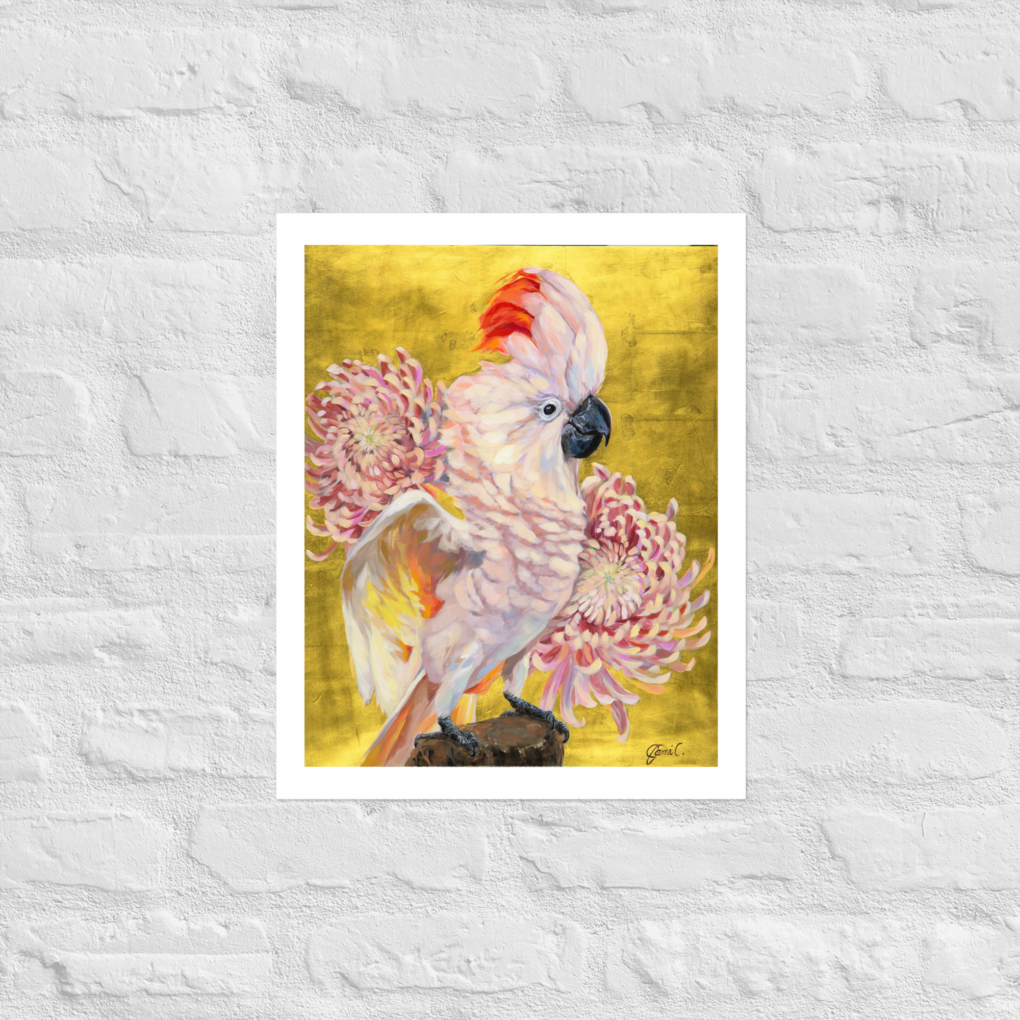 Awaiting the Light paper reproduction: cockatoo, pink flowers