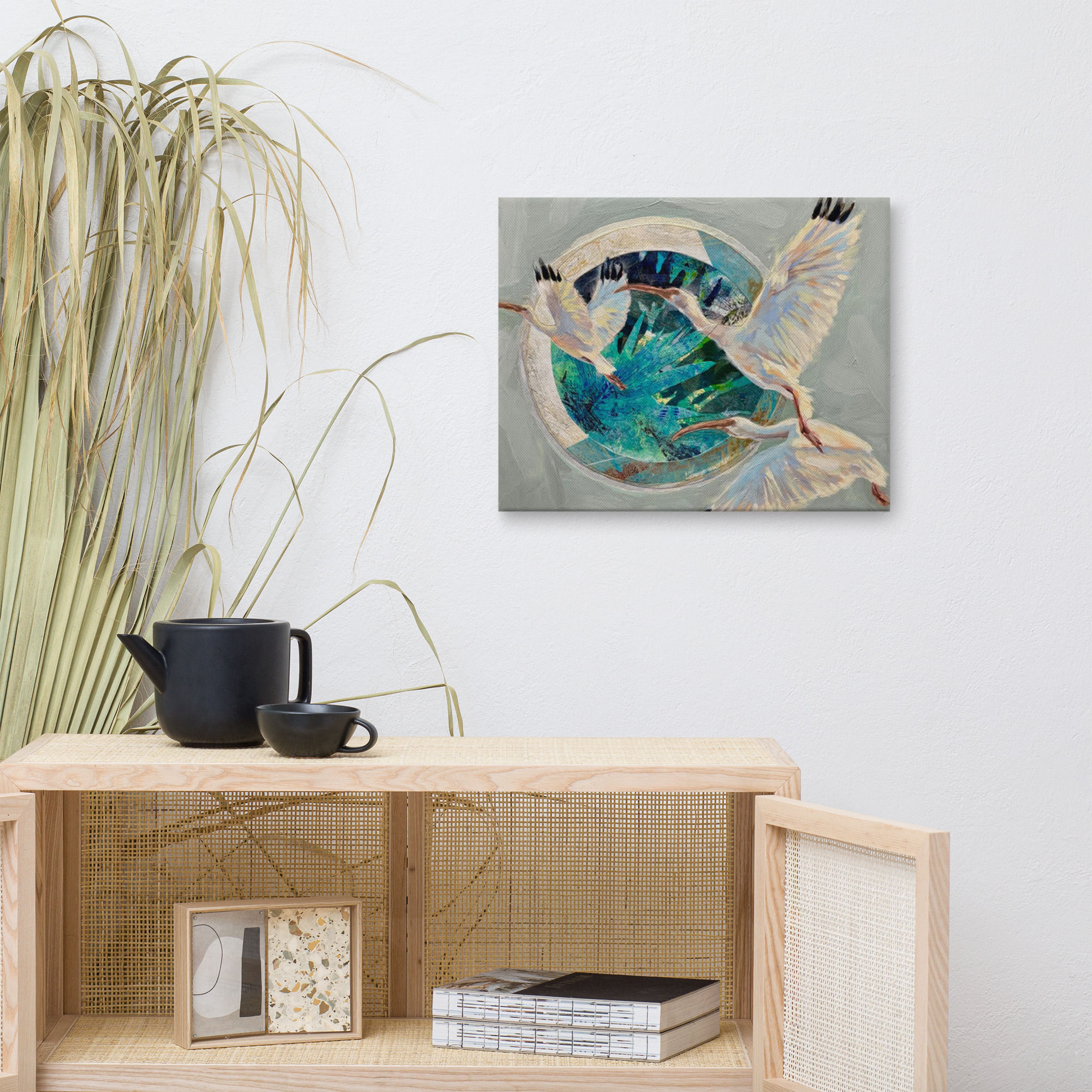 Canvas reproduction: white cranes flying over blue circle