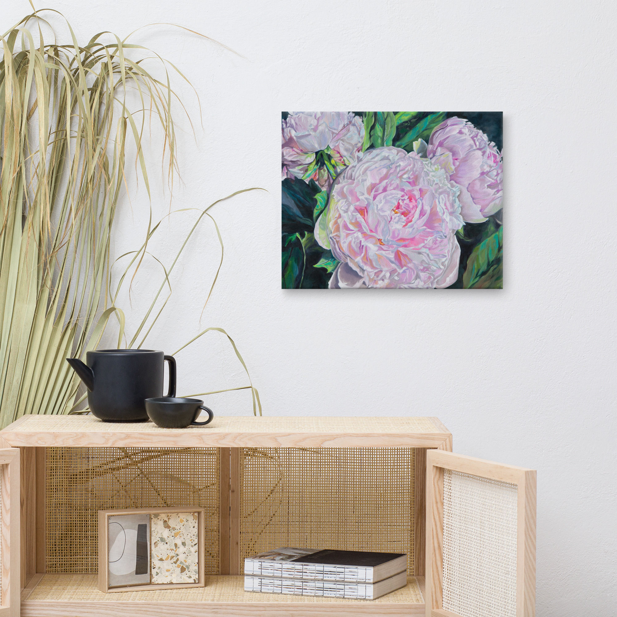A mockup photo for a canvas reproduction of "Backyard Beauties" - An acrylic painting of three pink peonies by Jami Childers available for sale.