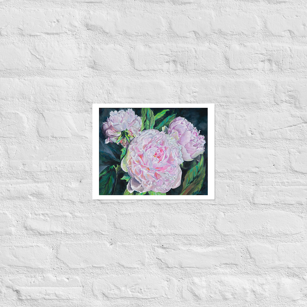 Light pink peonies art print on a wall