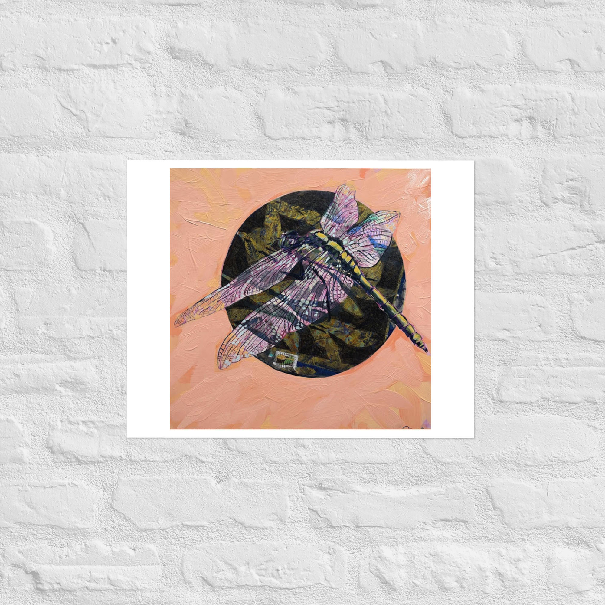 Stylized dragonfly artwork on a peach and dark background