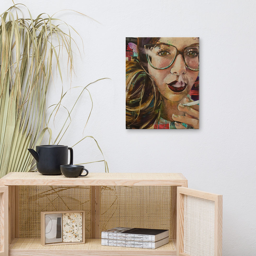Painting of a woman with glasses smoking a cigarette