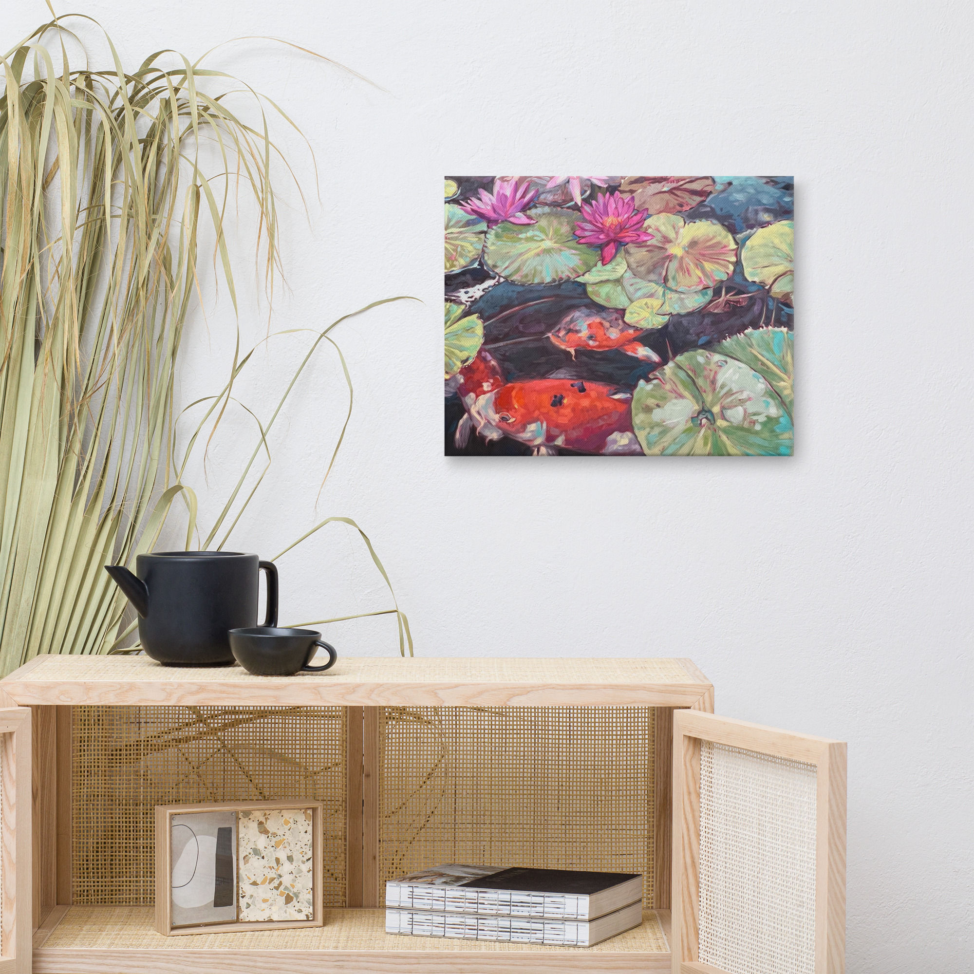Coastal Symphony: Koi fish, pink water lilies in a pond