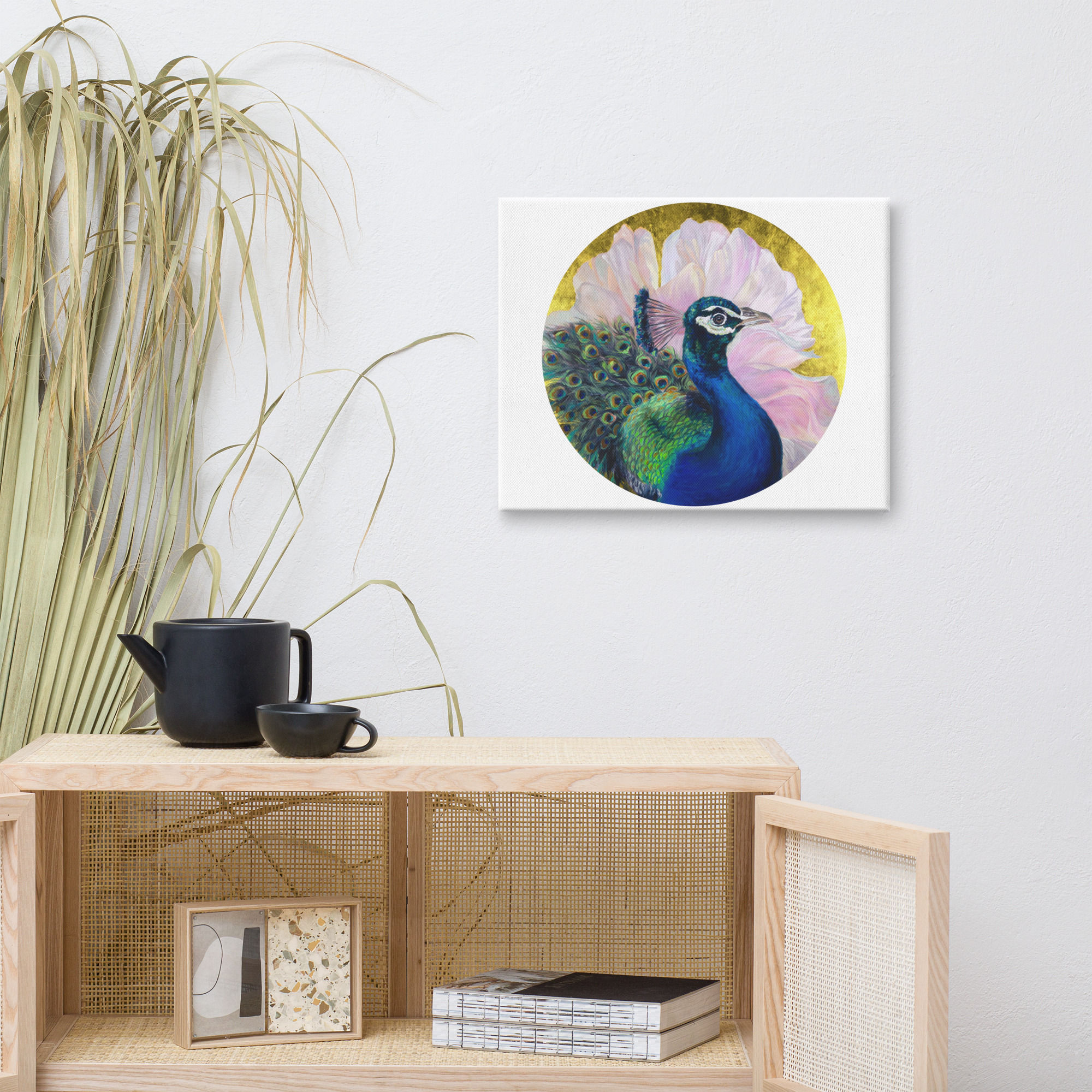 Canvas art print of a peacock with a pink and gold background