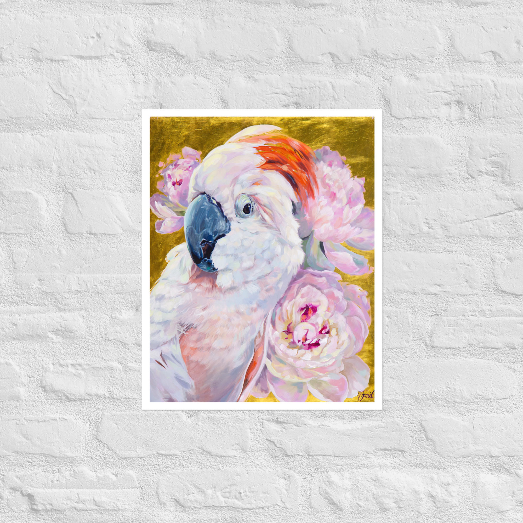 White cockatoo with pink crest and peonies art print