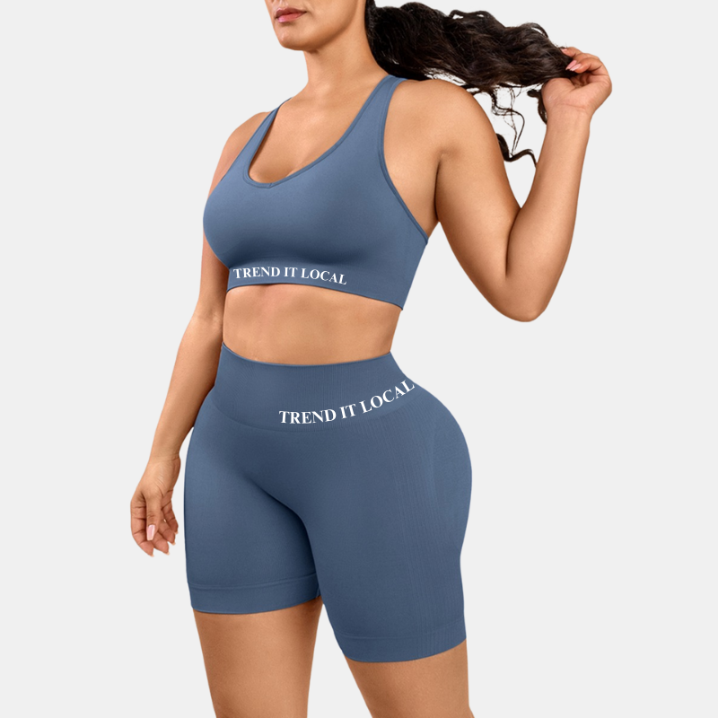 Thumbnail: Eco-Friendly Blue V-Neck Seamless Sports Bra and Butt-Lifting Shorts Set